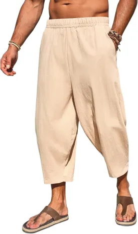 Runcati Mens Cotton Harem Capri Pants Yoga Beach Baggy 3/4 Shorts Pants Casual Elastic Waist Hippie Boho Pants