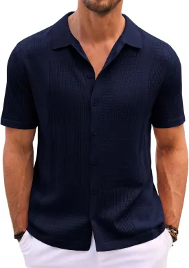 Runcati Mens Knit Button Down Shirt Casual Short Sleeve Cotton Polo Shirt Hollow Out Summer Beach Tops