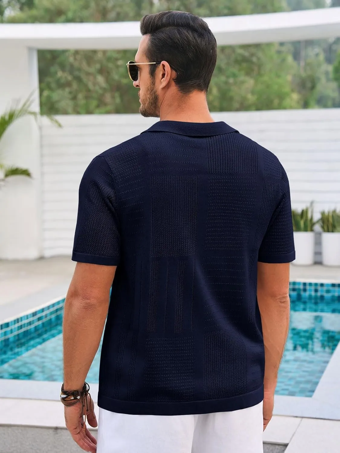 Runcati Mens Knit Button Down Shirt Casual Short Sleeve Cotton Polo Shirt Hollow Out Summer Beach Tops