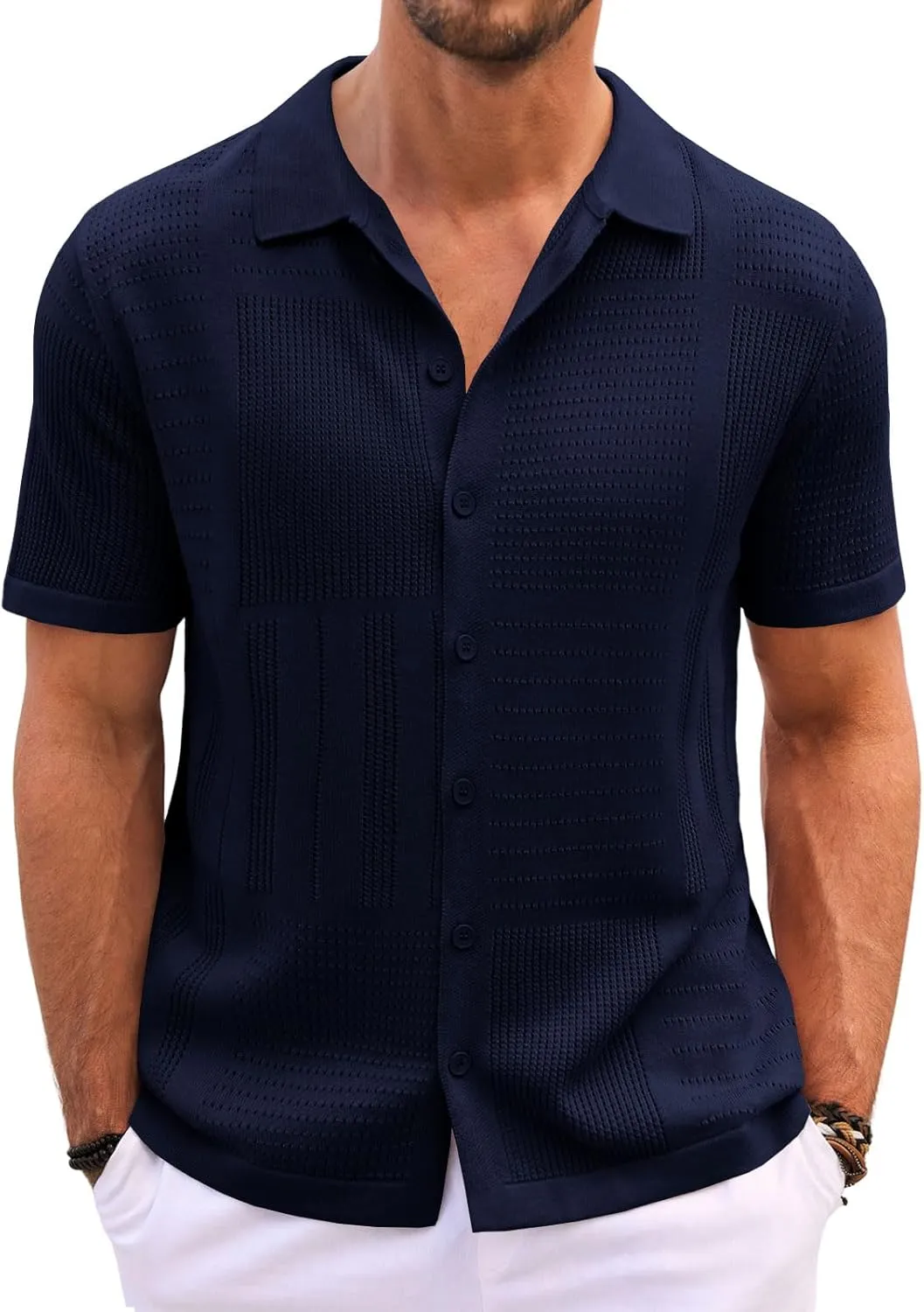 Runcati Mens Knit Button Down Shirt Casual Short Sleeve Cotton Polo Shirt Hollow Out Summer Beach Tops