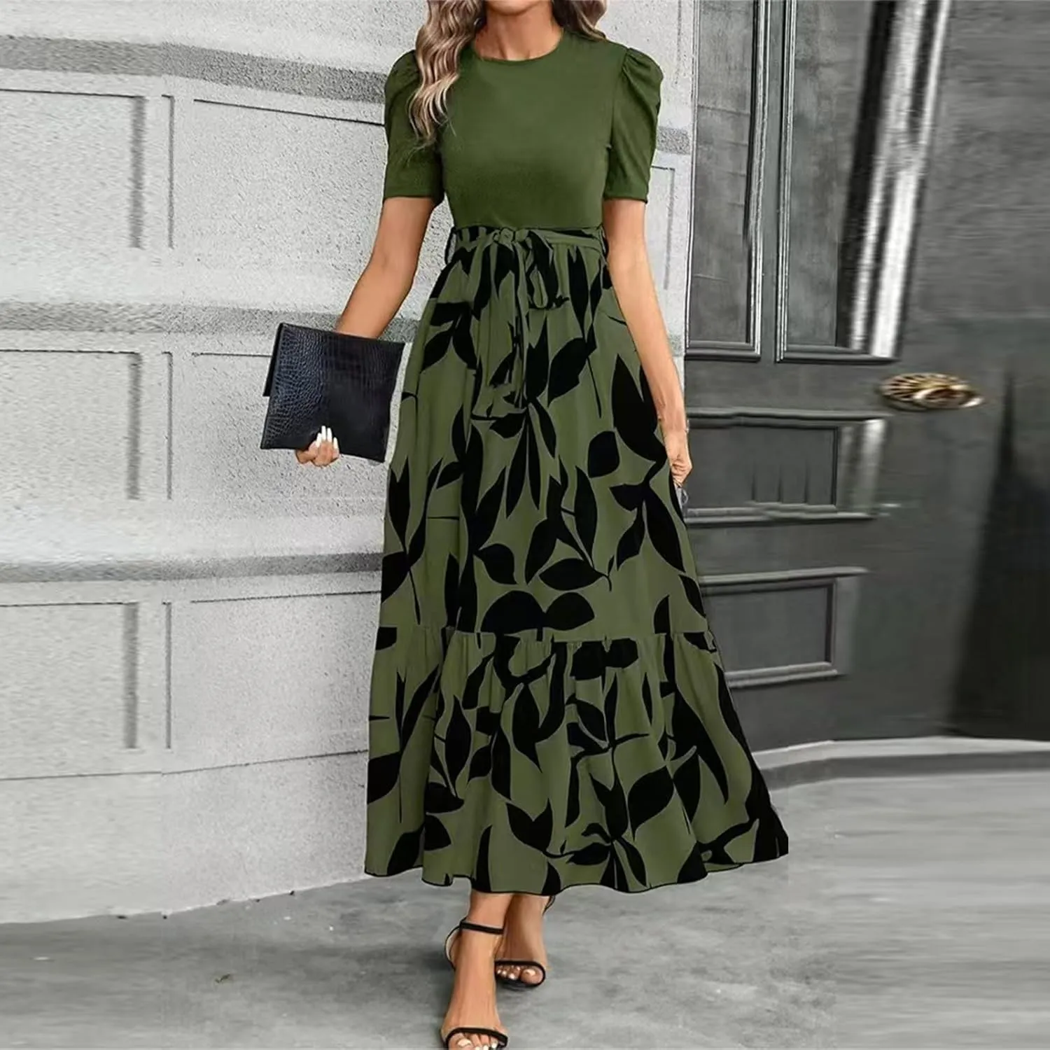 Summer Dresses for Women Empire Waist Tie Tiered Garden Party Dress Short Sleeve Floral Printed Beach Boho Dress
