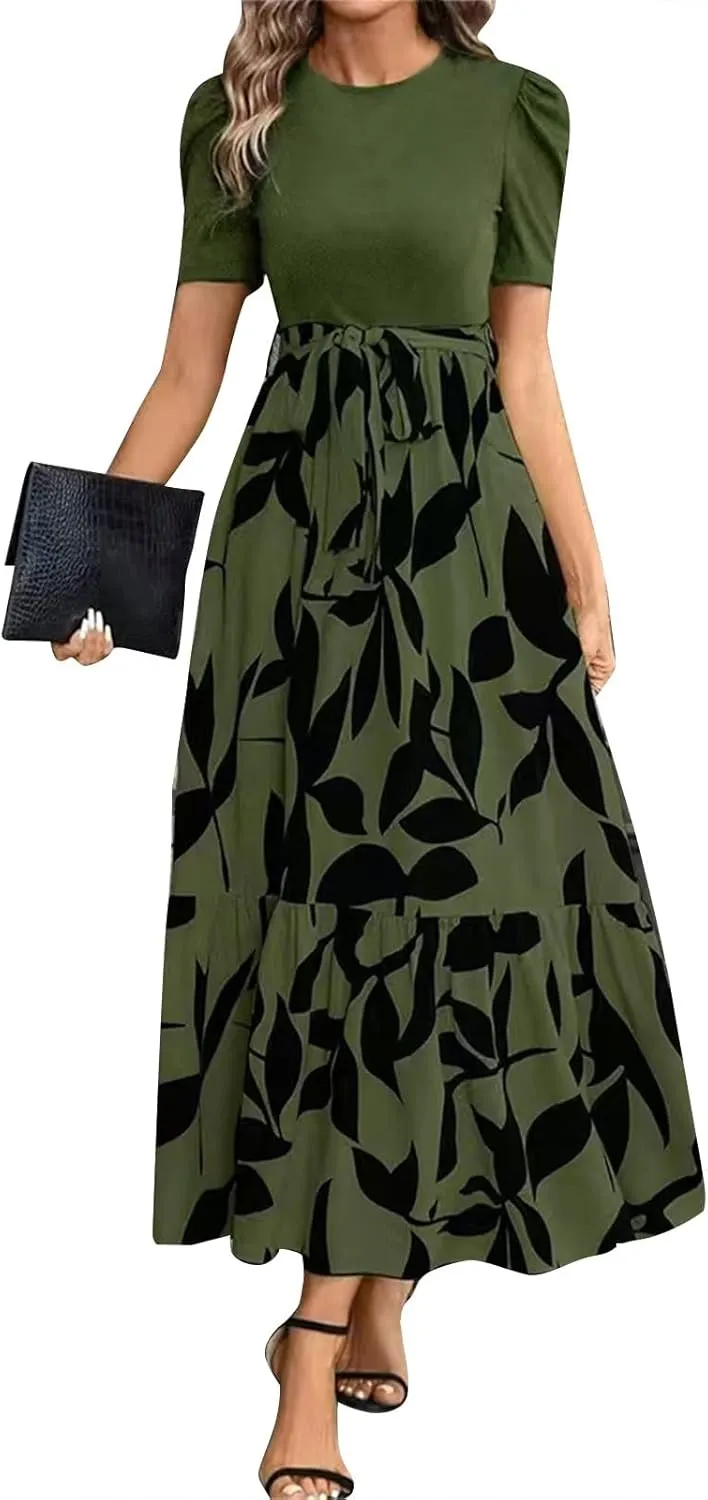 Summer Dresses for Women Empire Waist Tie Tiered Garden Party Dress Short Sleeve Floral Printed Beach Boho Dress