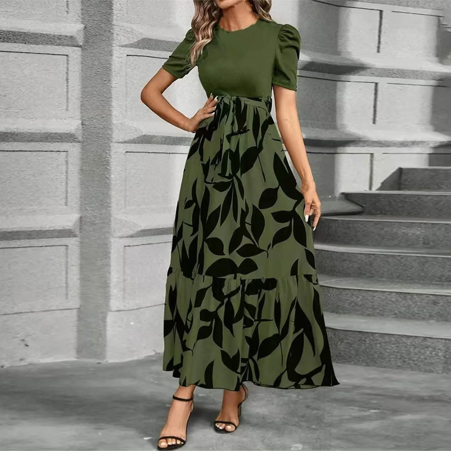 Summer Dresses for Women Empire Waist Tie Tiered Garden Party Dress Short Sleeve Floral Printed Beach Boho Dress