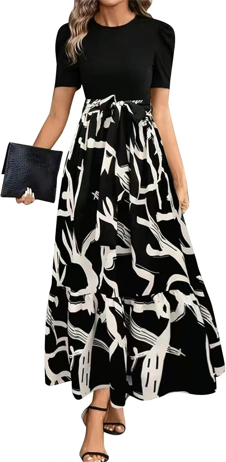 Summer Dresses for Women Empire Waist Tie Tiered Garden Party Dress Short Sleeve Floral Printed Beach Boho Dress