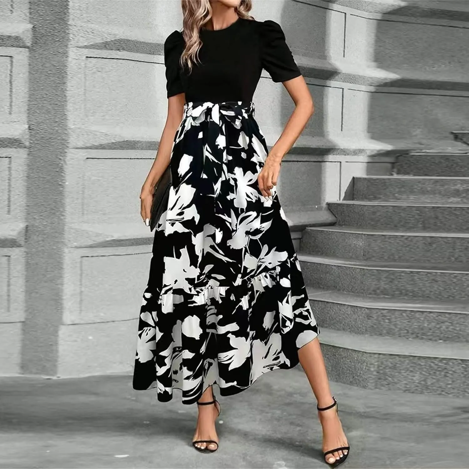 Summer Dresses for Women Empire Waist Tie Tiered Garden Party Dress Short Sleeve Floral Printed Beach Boho Dress