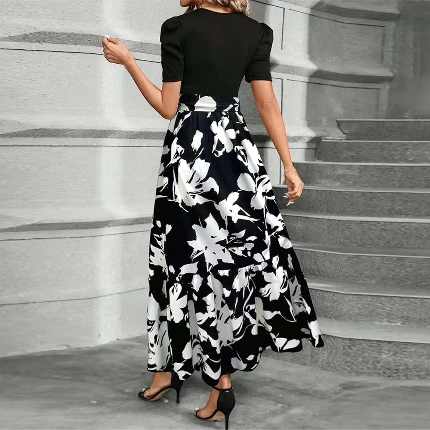Summer Dresses for Women Empire Waist Tie Tiered Garden Party Dress Short Sleeve Floral Printed Beach Boho Dress