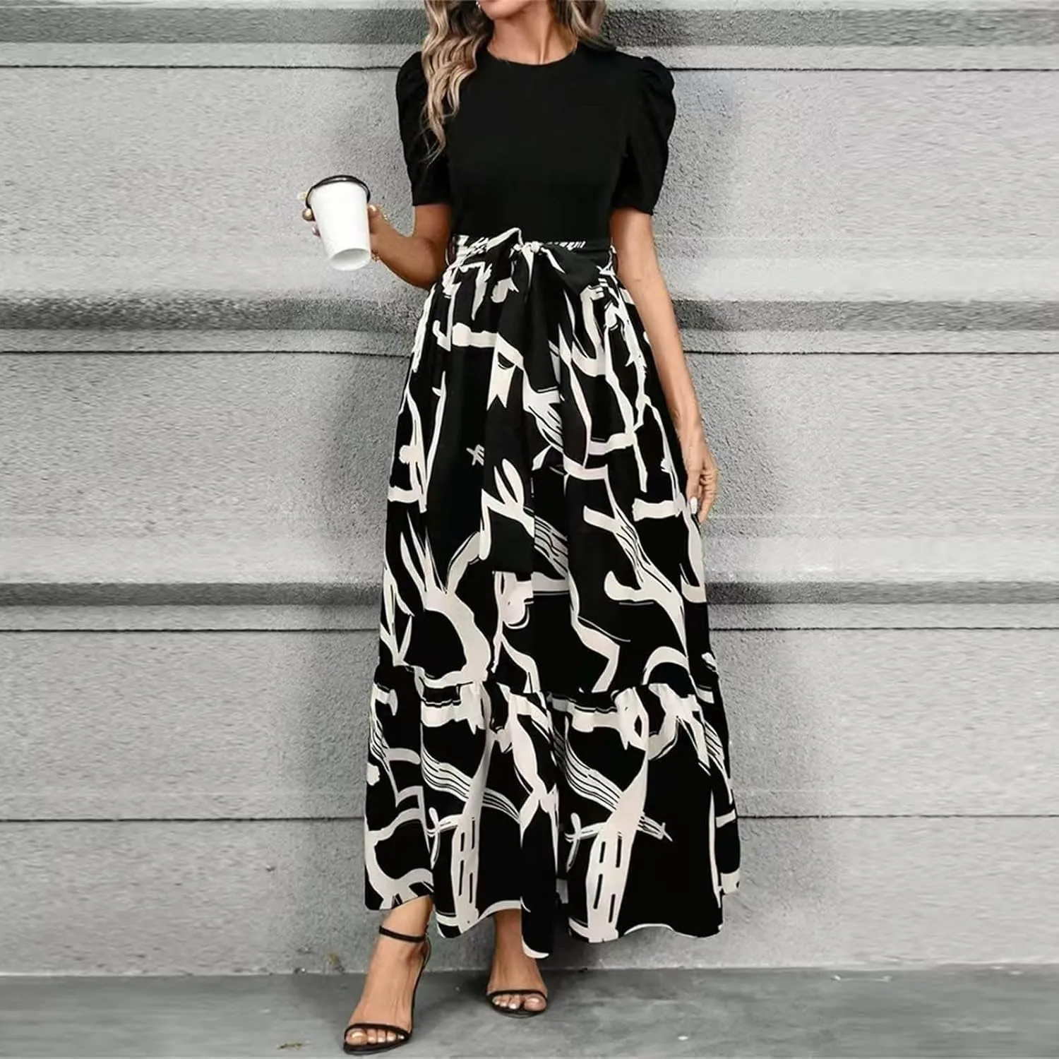 Summer Dresses for Women Empire Waist Tie Tiered Garden Party Dress Short Sleeve Floral Printed Beach Boho Dress