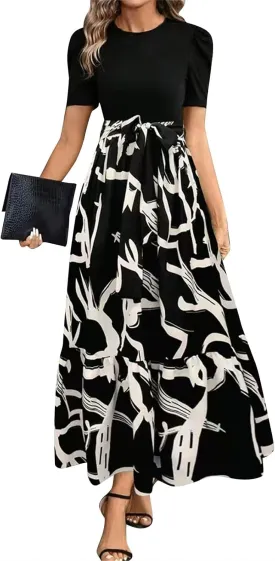 Summer Dresses for Women Empire Waist Tie Tiered Garden Party Dress Short Sleeve Floral Printed Beach Boho Dress