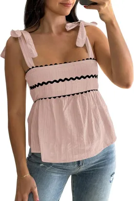 Tankaneo Womens Cute Tank Tops Summer Casual Peplum Babydoll Square Neck Tie Strap Backless Shirts