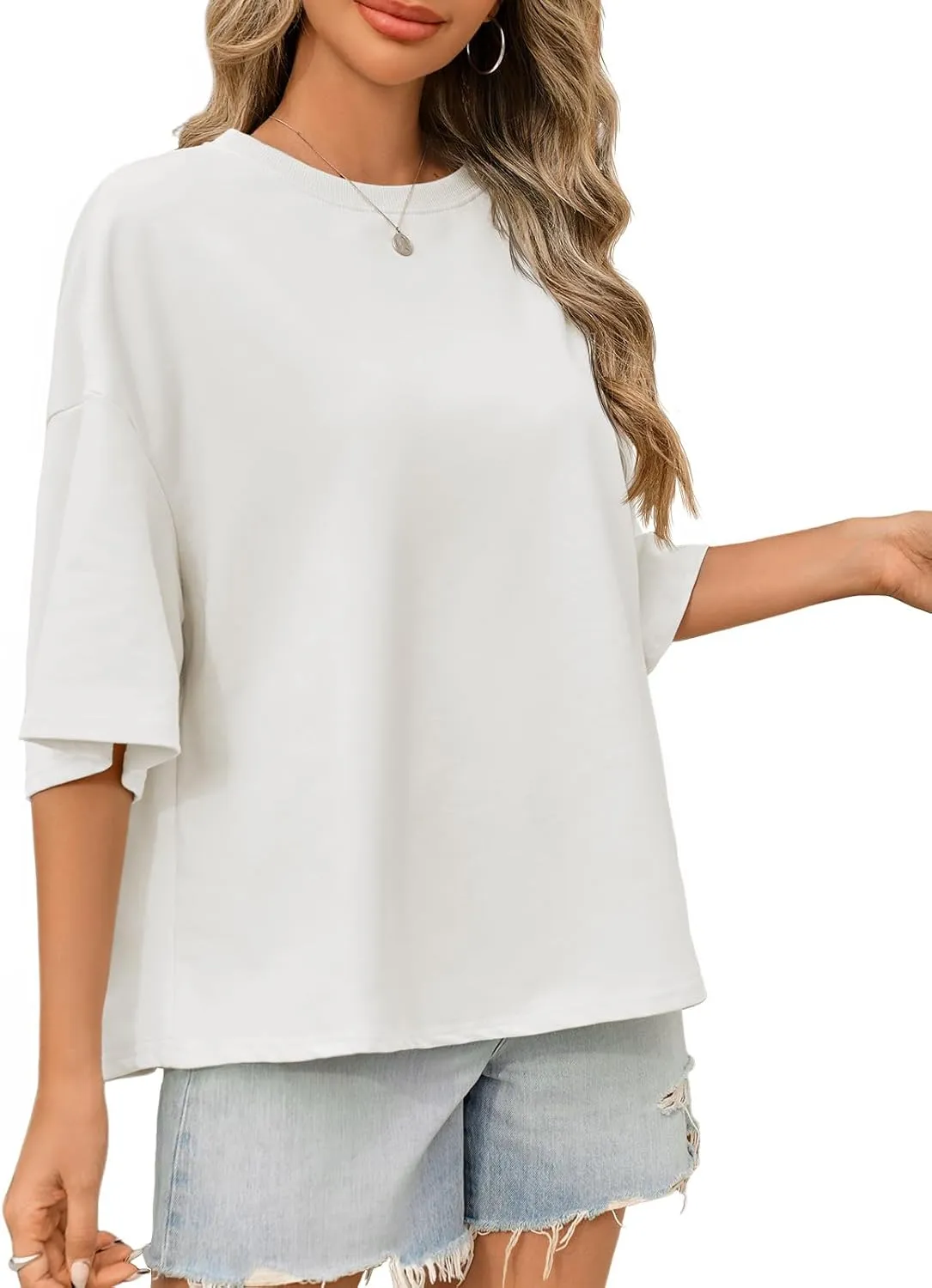 Tankaneo Womens Oversized Tshirts 3/4 Sleeve Drop Shoulder Tops Summer Casual Loose Fit Basic Tee Shirts