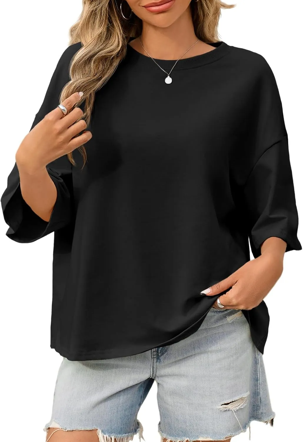 Tankaneo Womens Oversized Tshirts 3/4 Sleeve Drop Shoulder Tops Summer Casual Loose Fit Basic Tee Shirts
