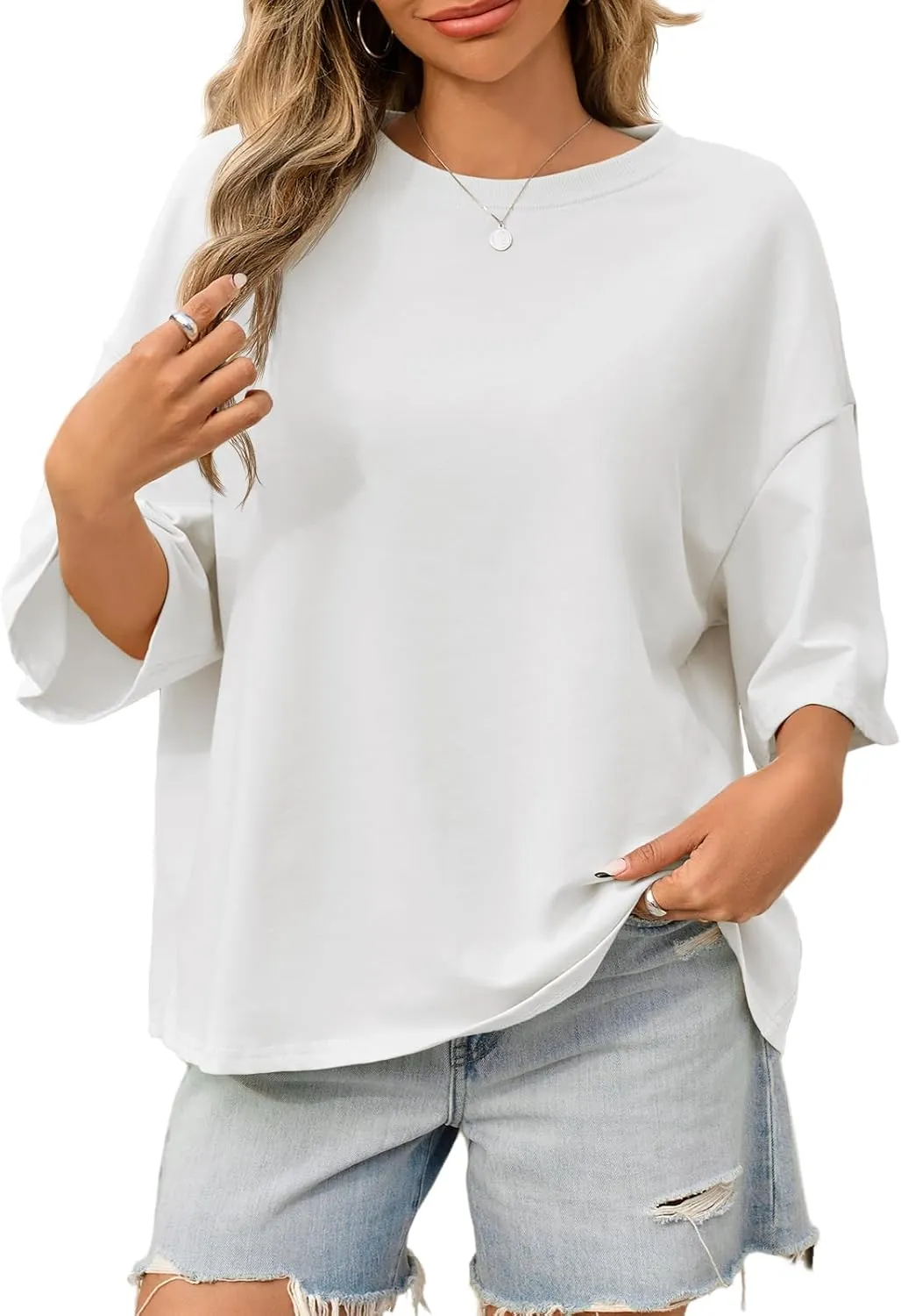Tankaneo Womens Oversized Tshirts 3/4 Sleeve Drop Shoulder Tops Summer Casual Loose Fit Basic Tee Shirts