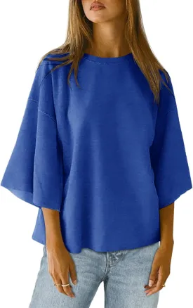 Tankaneo Womens Oversized Tshirts 3/4 Sleeve Drop Shoulder Tops Summer Casual Loose Fit Basic Tee Shirts