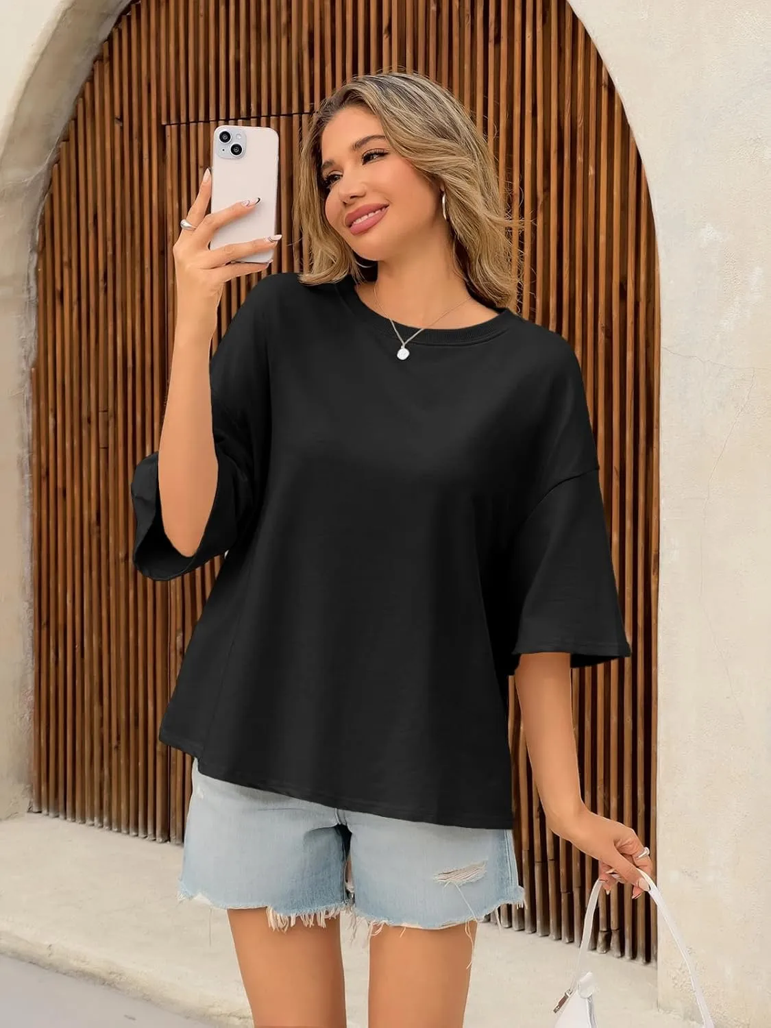 Tankaneo Womens Oversized Tshirts 3/4 Sleeve Drop Shoulder Tops Summer Casual Loose Fit Basic Tee Shirts
