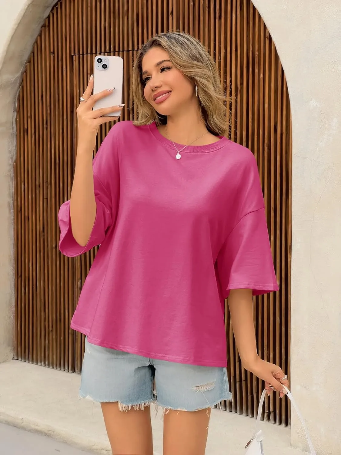 Tankaneo Womens Oversized Tshirts 3/4 Sleeve Drop Shoulder Tops Summer Casual Loose Fit Basic Tee Shirts