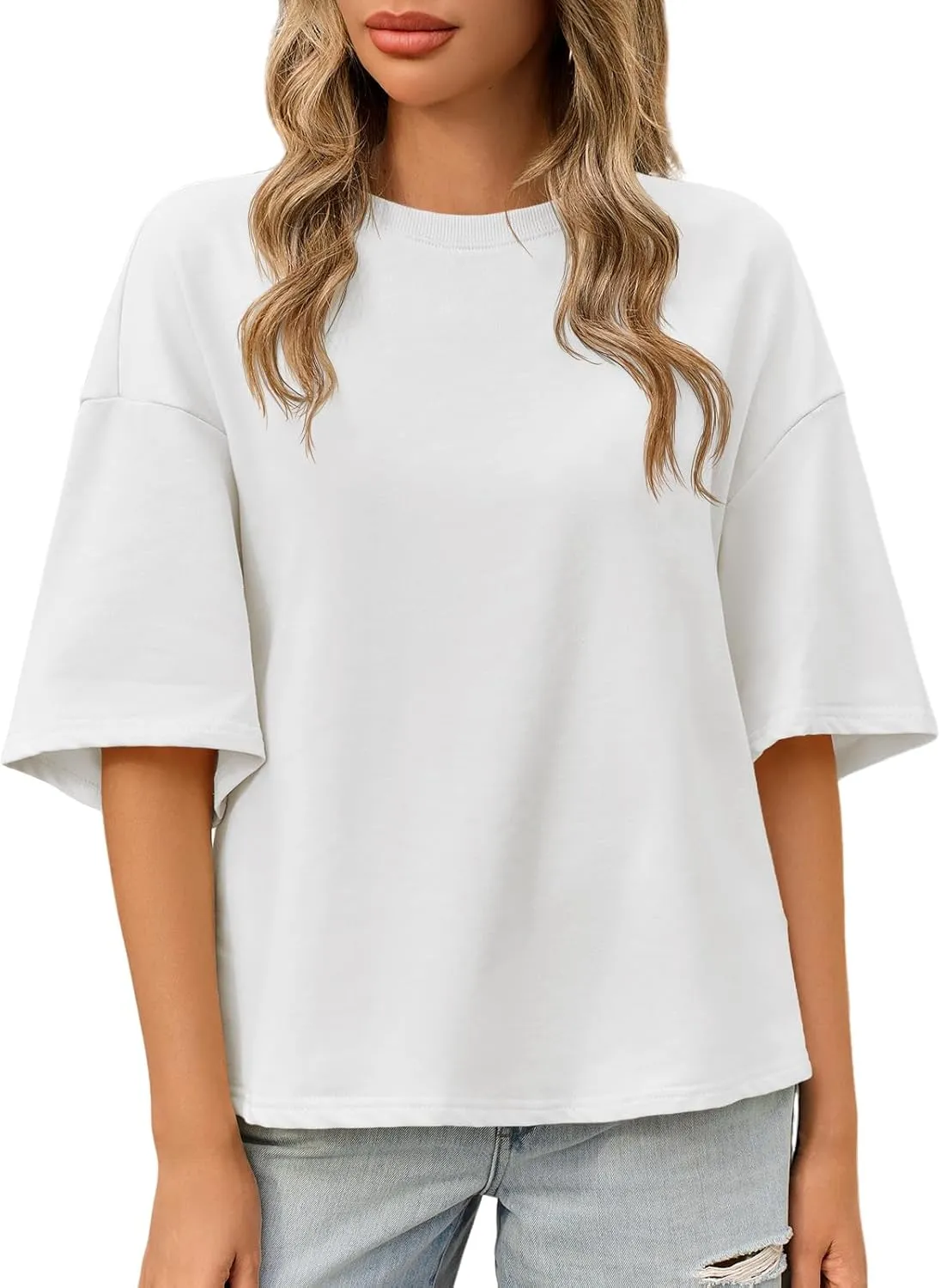Tankaneo Womens Oversized Tshirts 3/4 Sleeve Drop Shoulder Tops Summer Casual Loose Fit Basic Tee Shirts