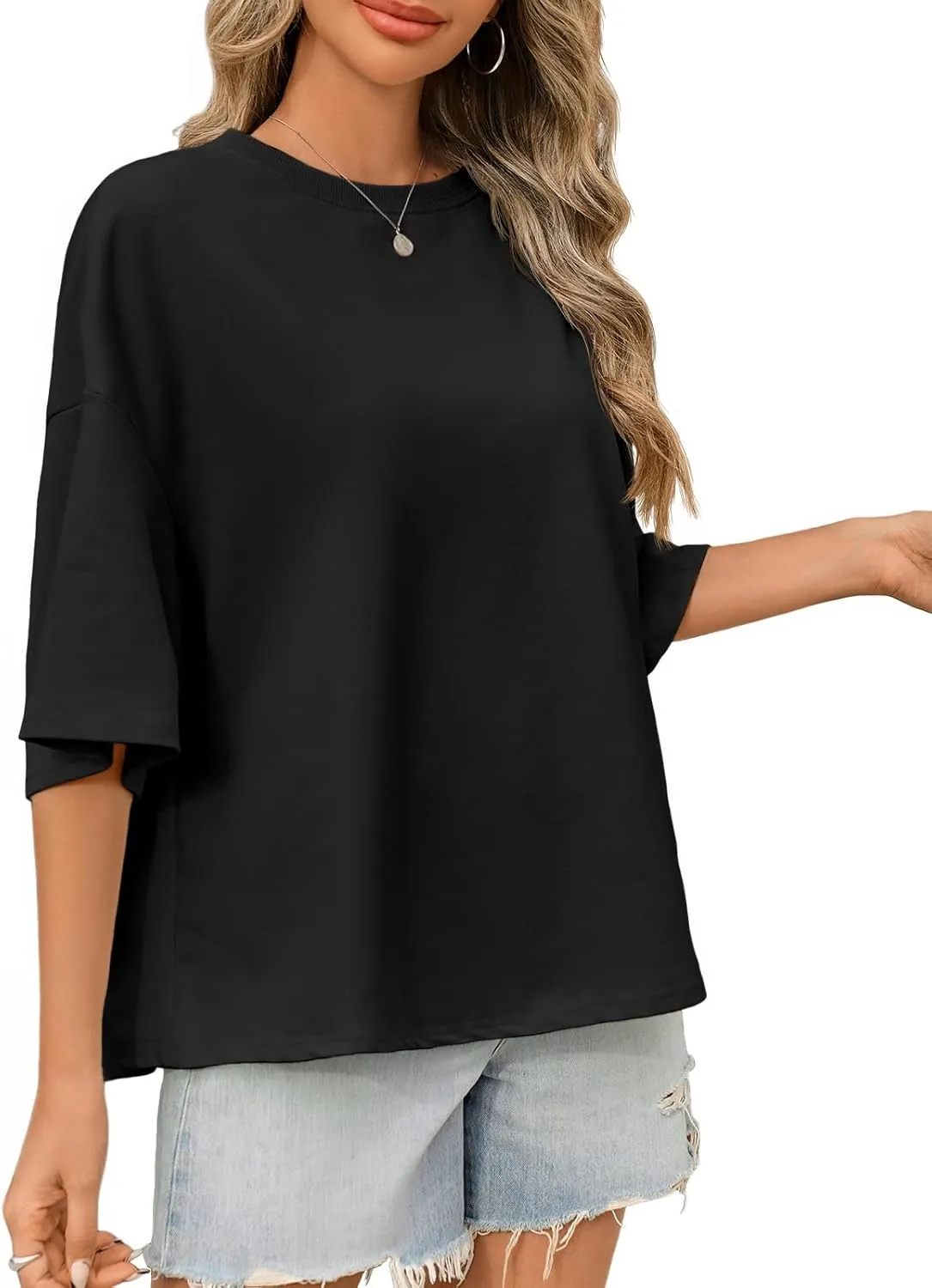 Tankaneo Womens Oversized Tshirts 3/4 Sleeve Drop Shoulder Tops Summer Casual Loose Fit Basic Tee Shirts