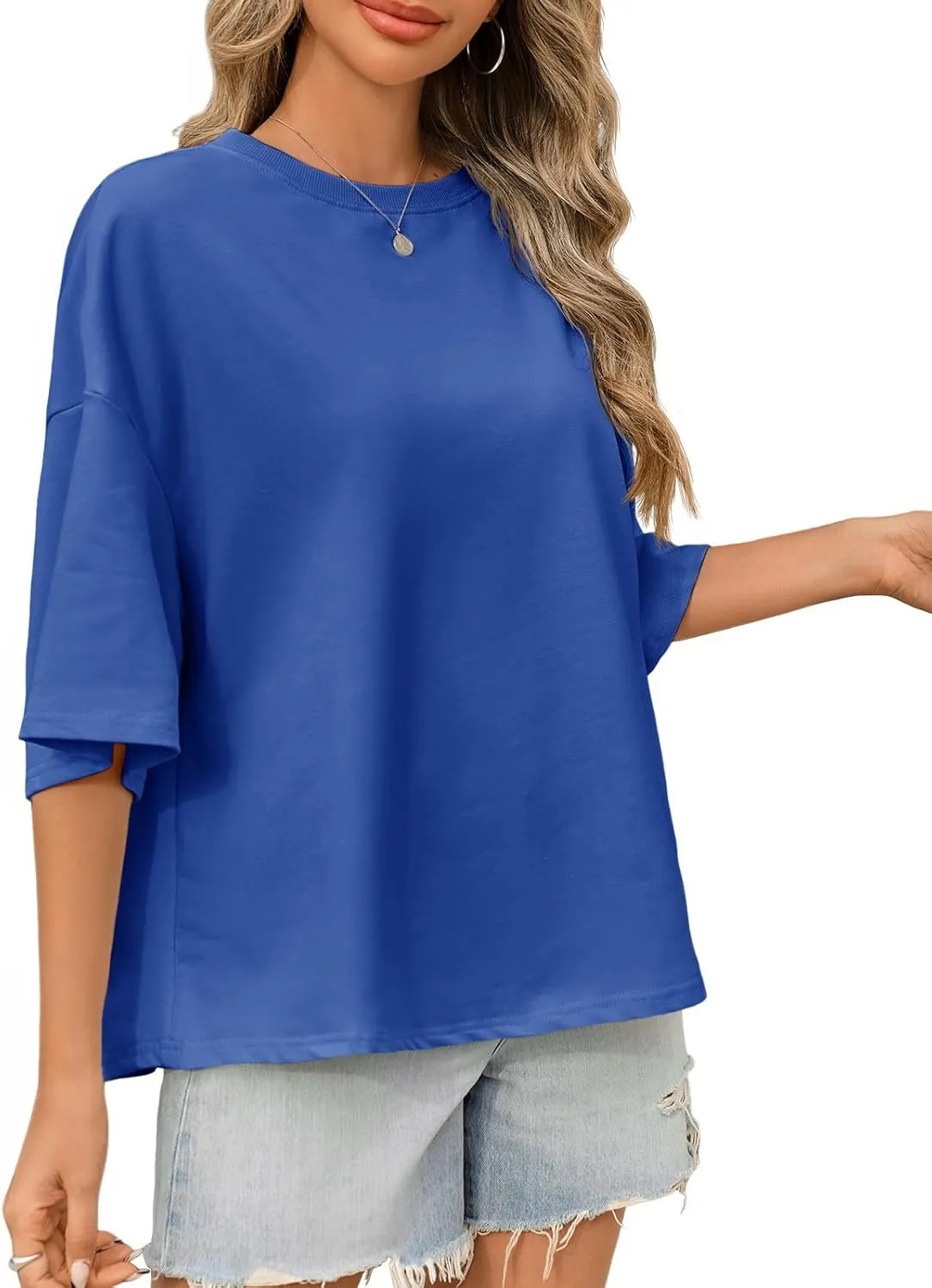 Tankaneo Womens Oversized Tshirts 3/4 Sleeve Drop Shoulder Tops Summer Casual Loose Fit Basic Tee Shirts