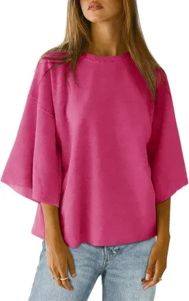 Tankaneo Womens Oversized Tshirts 3/4 Sleeve Drop Shoulder Tops Summer Casual Loose Fit Basic Tee Shirts