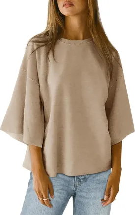 Tankaneo Womens Oversized Tshirts 3/4 Sleeve Drop Shoulder Tops Summer Casual Loose Fit Basic Tee Shirts