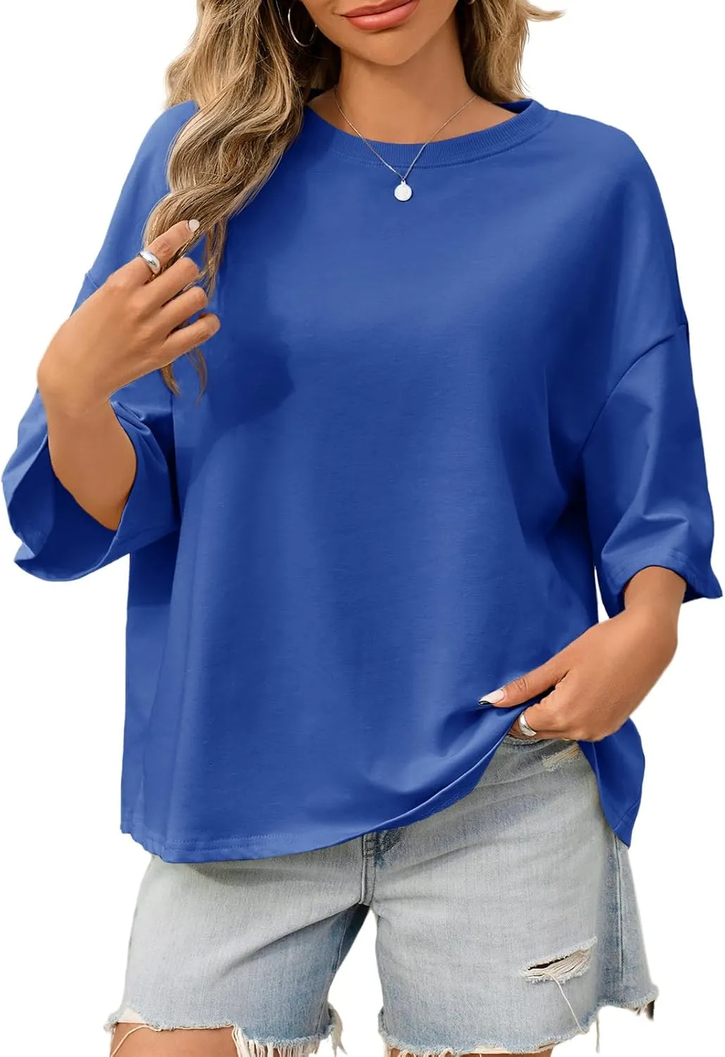 Tankaneo Womens Oversized Tshirts 3/4 Sleeve Drop Shoulder Tops Summer Casual Loose Fit Basic Tee Shirts