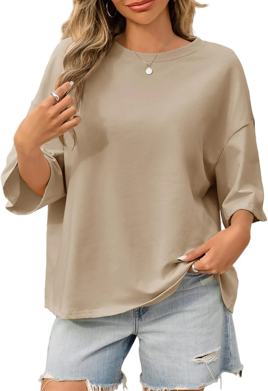 Tankaneo Womens Oversized Tshirts 3/4 Sleeve Drop Shoulder Tops Summer Casual Loose Fit Basic Tee Shirts