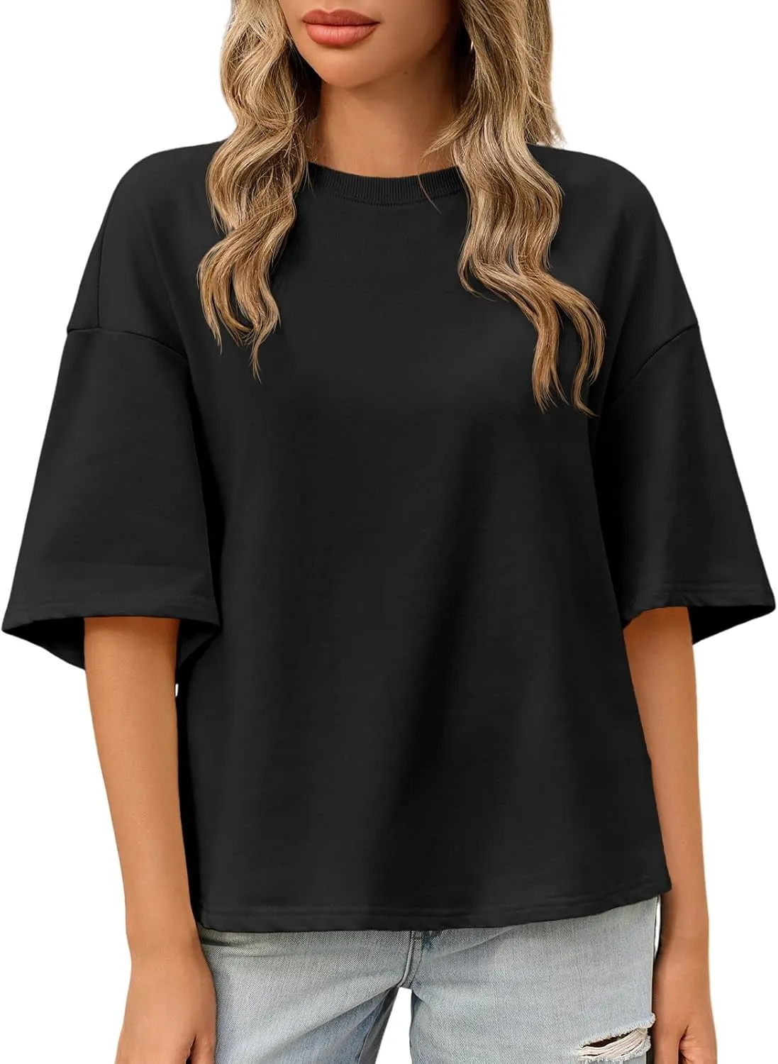 Tankaneo Womens Oversized Tshirts 3/4 Sleeve Drop Shoulder Tops Summer Casual Loose Fit Basic Tee Shirts