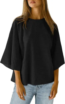 Tankaneo Womens Oversized Tshirts 3/4 Sleeve Drop Shoulder Tops Summer Casual Loose Fit Basic Tee Shirts