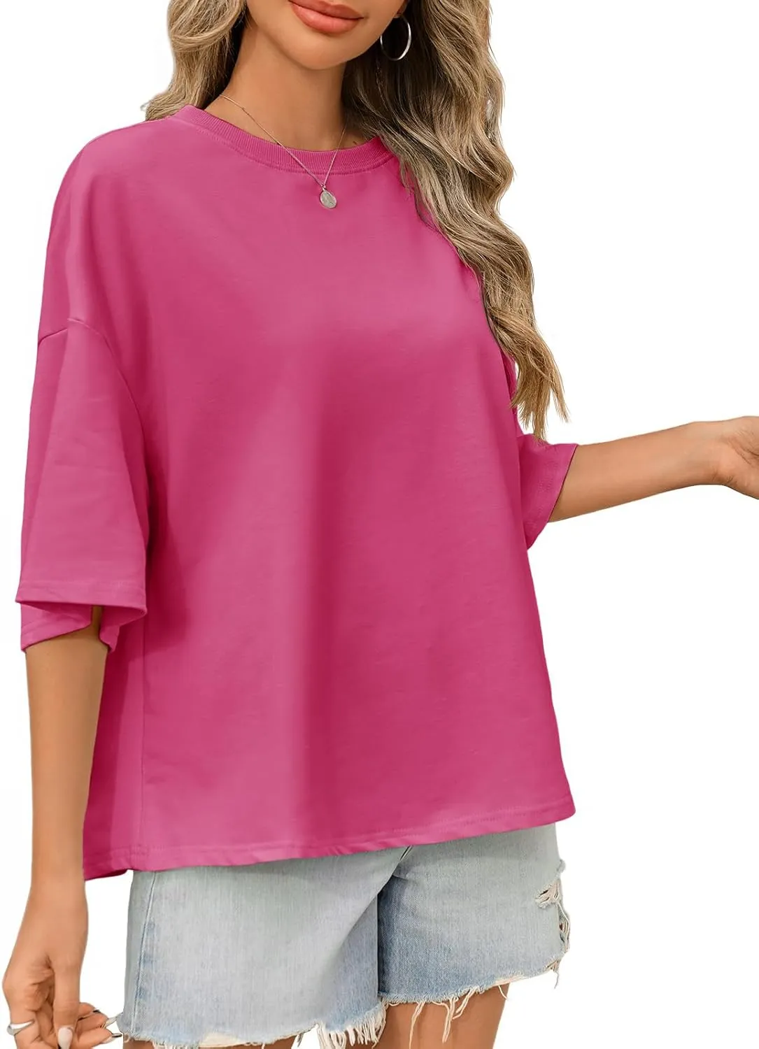 Tankaneo Womens Oversized Tshirts 3/4 Sleeve Drop Shoulder Tops Summer Casual Loose Fit Basic Tee Shirts