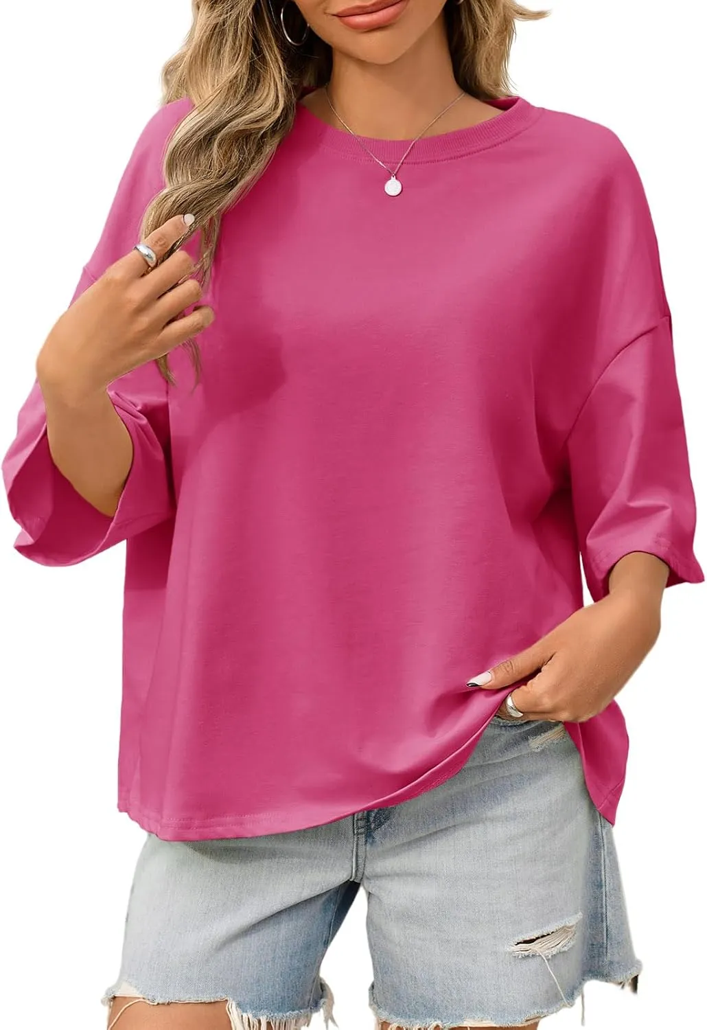 Tankaneo Womens Oversized Tshirts 3/4 Sleeve Drop Shoulder Tops Summer Casual Loose Fit Basic Tee Shirts