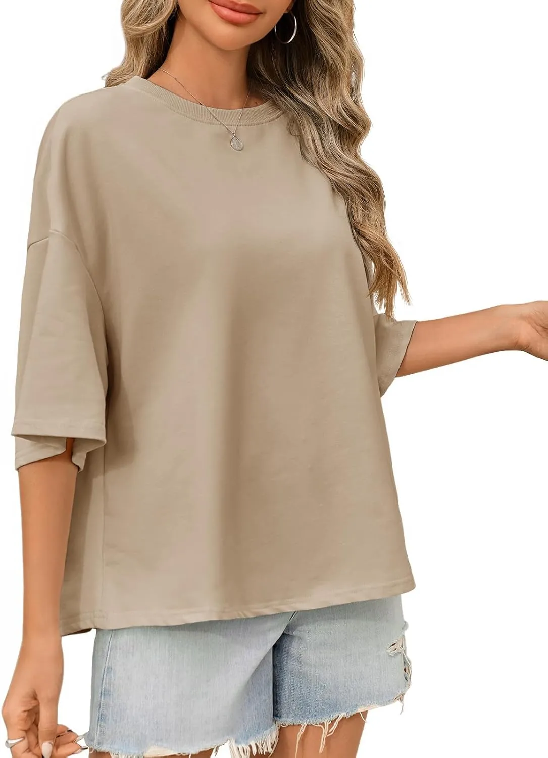 Tankaneo Womens Oversized Tshirts 3/4 Sleeve Drop Shoulder Tops Summer Casual Loose Fit Basic Tee Shirts