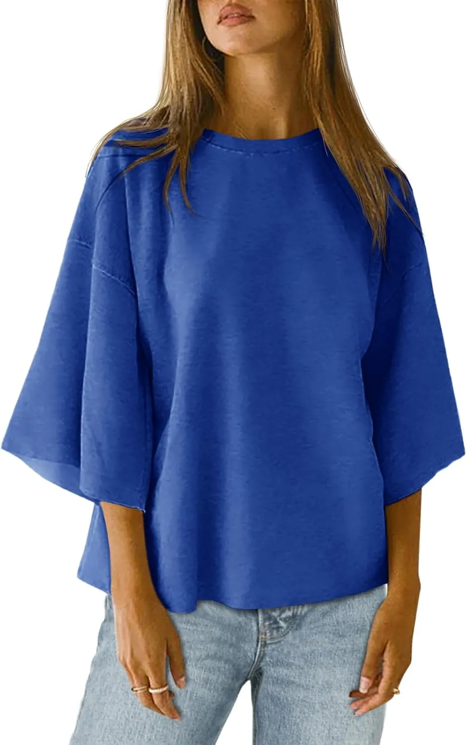 Tankaneo Womens Oversized Tshirts 3/4 Sleeve Drop Shoulder Tops Summer Casual Loose Fit Basic Tee Shirts