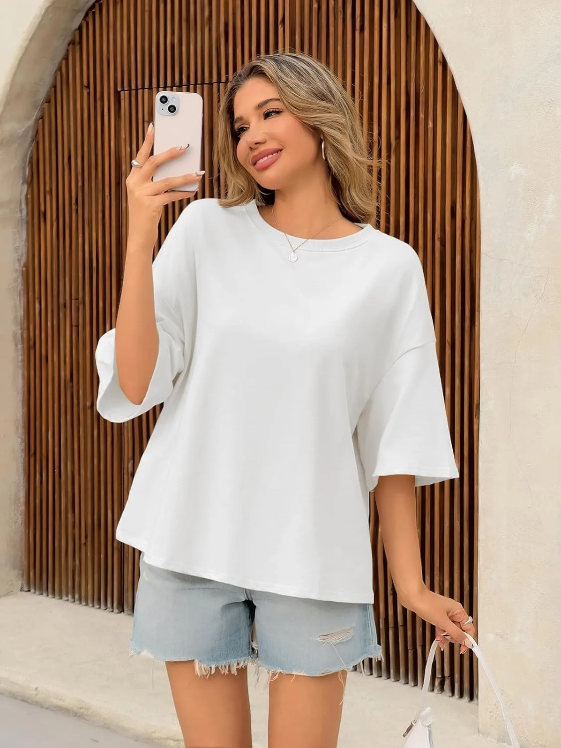 Tankaneo Womens Oversized Tshirts 3/4 Sleeve Drop Shoulder Tops Summer Casual Loose Fit Basic Tee Shirts
