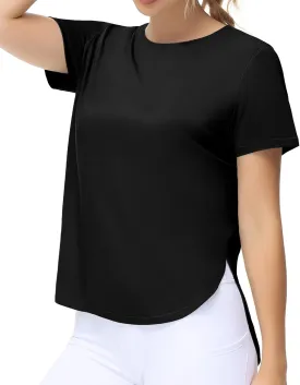 THE GYM PEOPLE Women's Workout T-Shirts Loose Fit Short Sleeve Cotton Running Basic Tee Tops with Split Hem