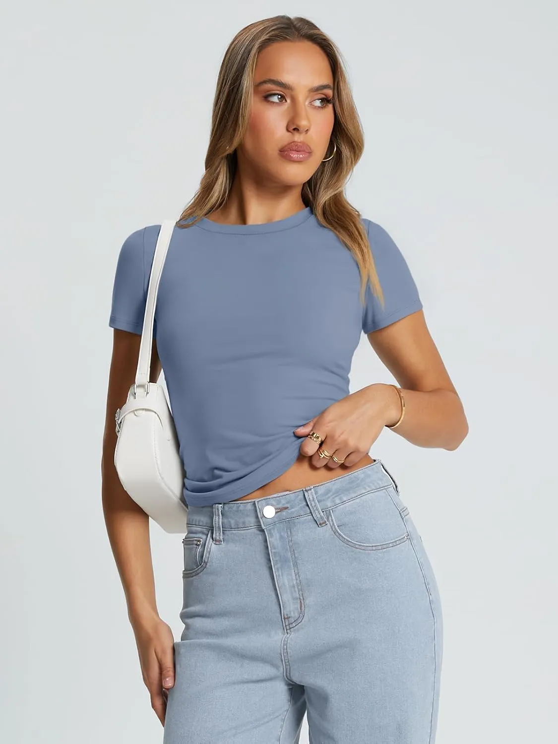 Trendy Queen Womens Basic T Shirts Summer Tops 2025 Crop Short Sleeve Slim Fit Tee Cute Gym Workout Clothes