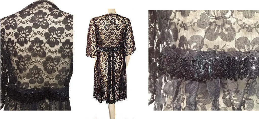 VINTAGE BLACK ALL LACE PEIGNOIR SPARKLING SEQUINS WITH BOW