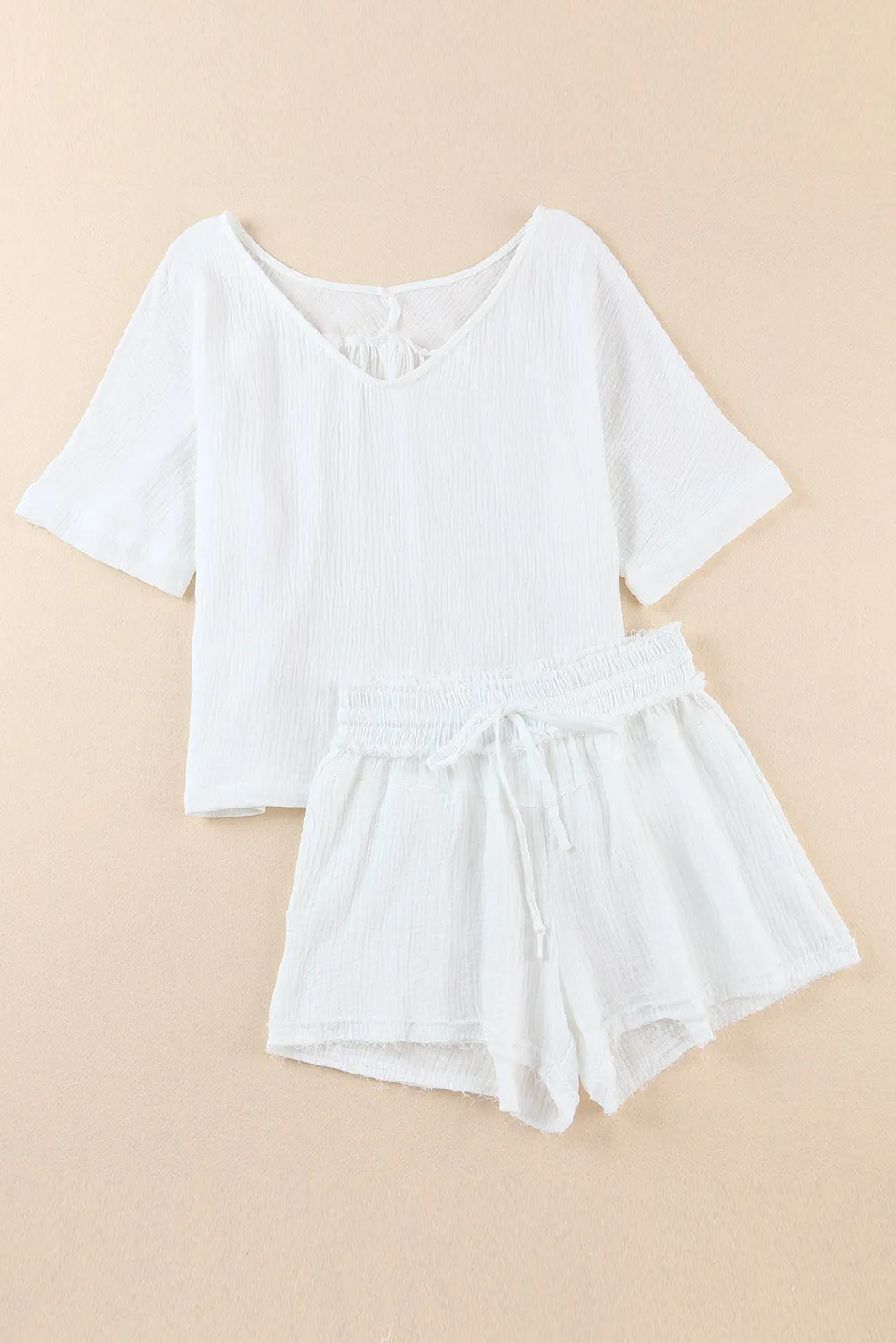 White Loose V Neck Blouse & Drawstring Raw Hem Shorts Set