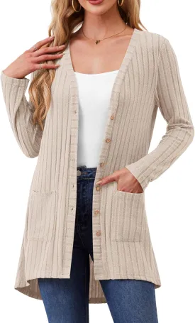 Women Cardigans Open Front Lightweight Button Down Duster Long Cardigan Vertical Stripes Pockets for Casual Fall