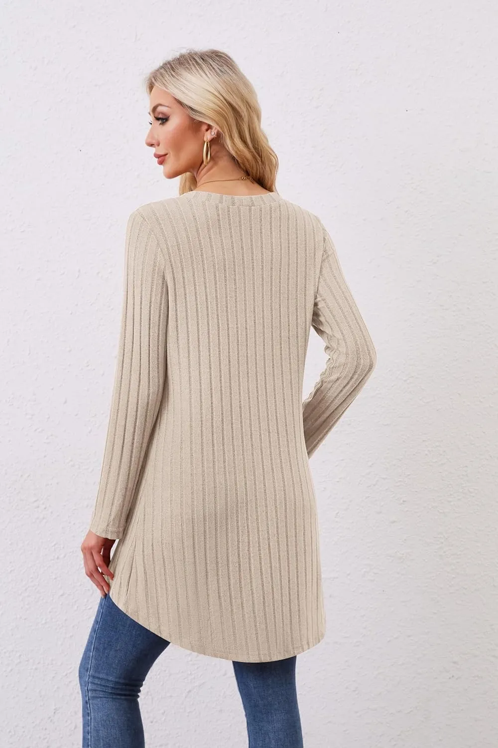 Women Cardigans Open Front Lightweight Button Down Duster Long Cardigan Vertical Stripes Pockets for Casual Fall
