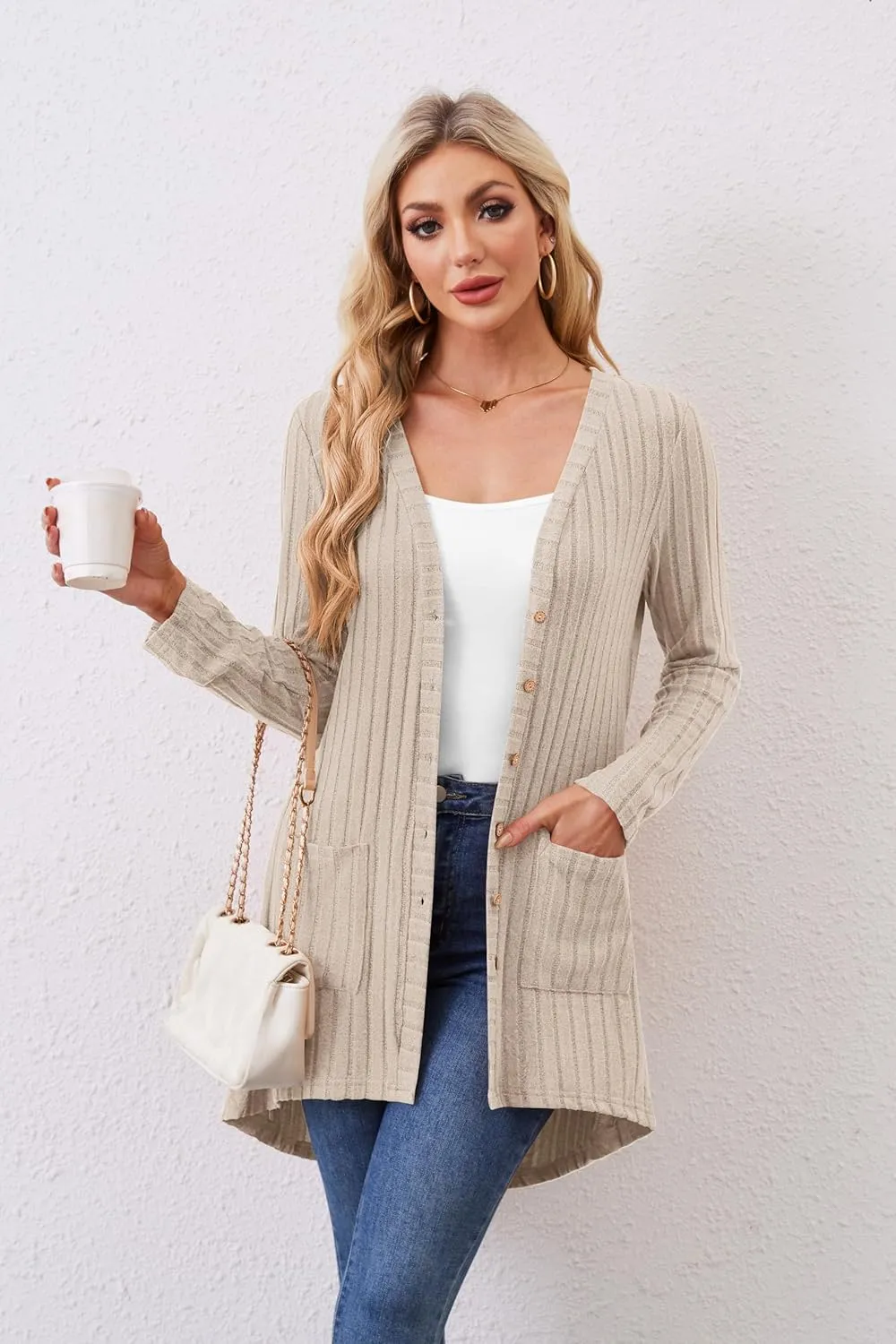 Women Cardigans Open Front Lightweight Button Down Duster Long Cardigan Vertical Stripes Pockets for Casual Fall