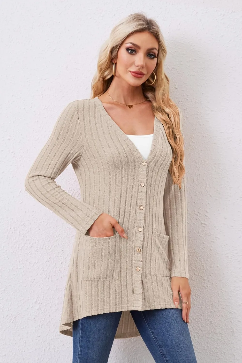 Women Cardigans Open Front Lightweight Button Down Duster Long Cardigan Vertical Stripes Pockets for Casual Fall