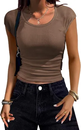 Women Shirts Crew Neck Ribbed Slim Fitted Side Ruched Basic Tops for Woman Cap Sleeve Summer Casual T Shirts