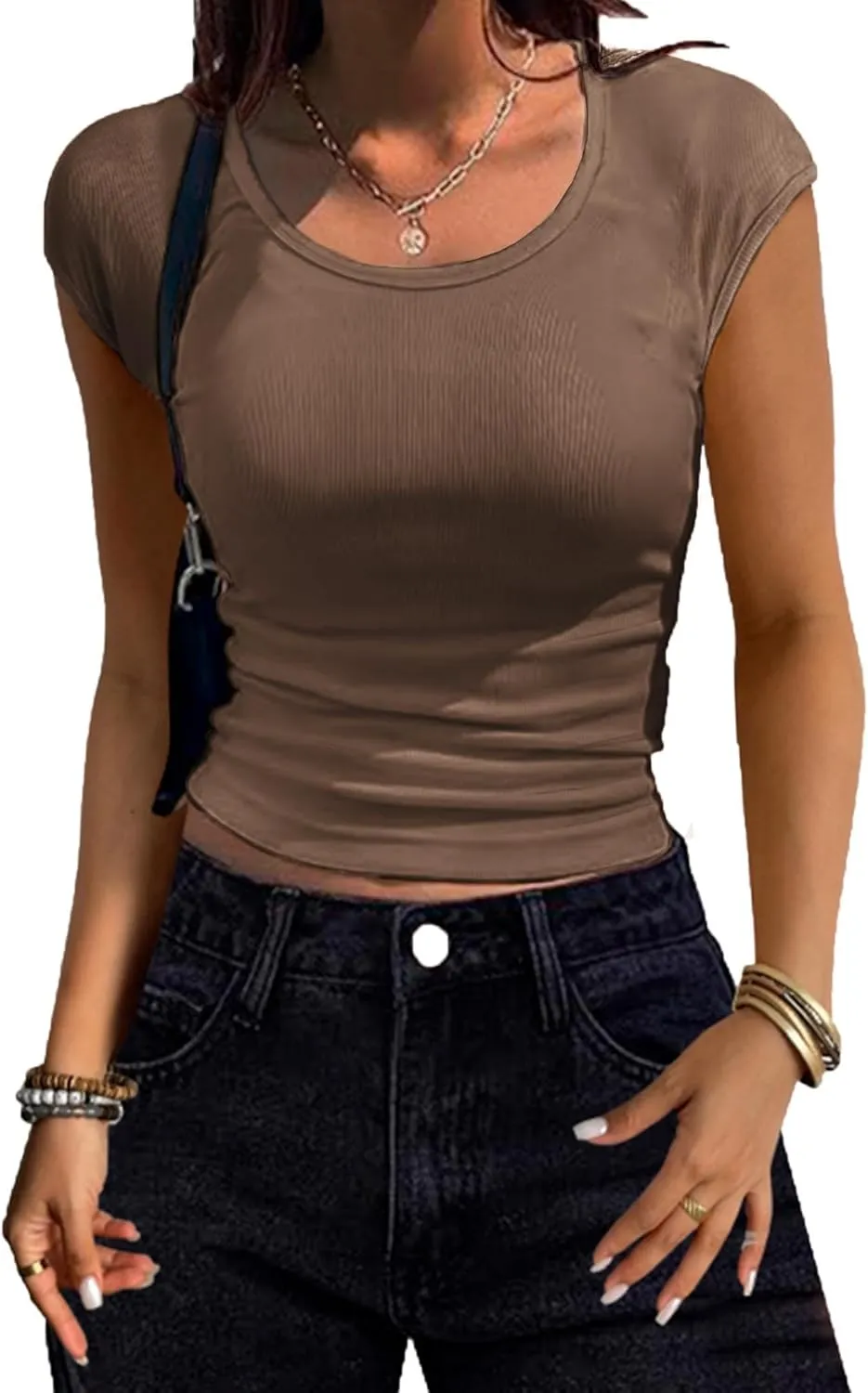Women Shirts Crew Neck Ribbed Slim Fitted Side Ruched Basic Tops for Woman Cap Sleeve Summer Casual T Shirts