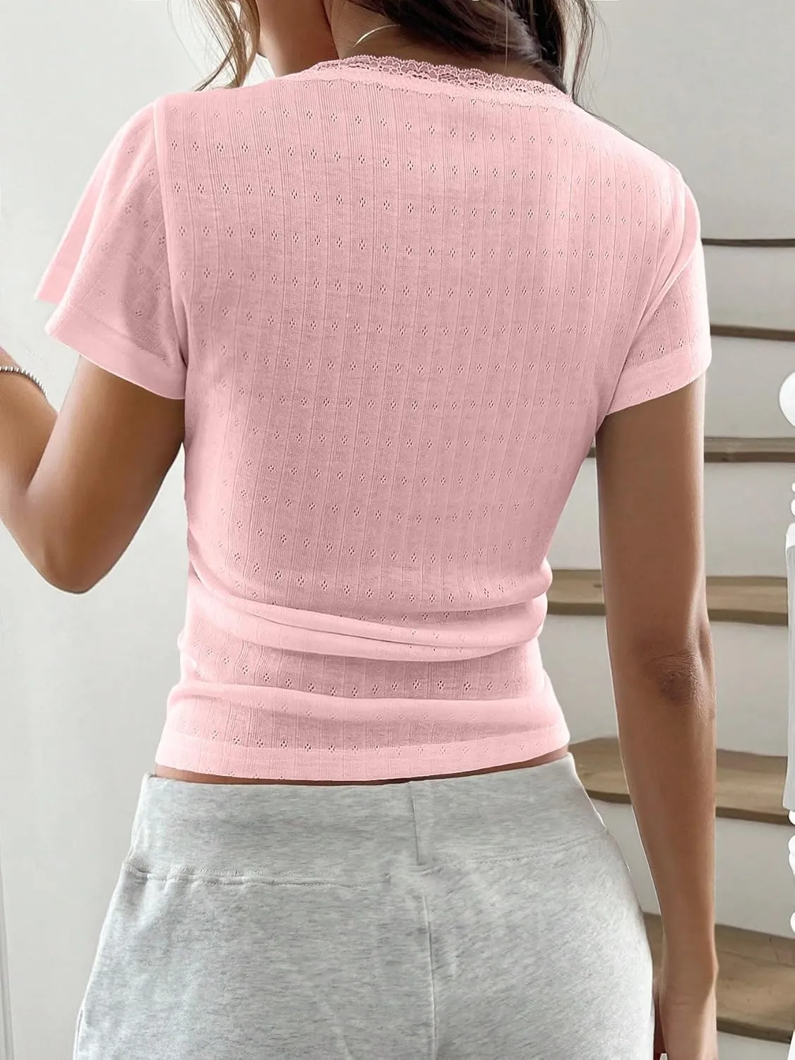 Women Y2k Lace Trim Scoop Neck Short Sleeve Henley Baby Tee Shirts Button Front Preppy Pointelle Fitted Crop Tops
