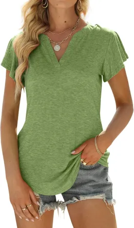 Womens Business Casual Tops Summer V Neck T Shirt Ruffle Short Sleeve Tunic Blouses for Women