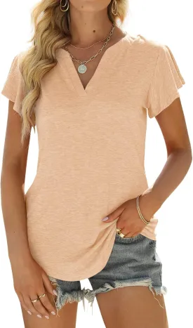 Womens Business Casual Tops Summer V Neck T Shirt Ruffle Short Sleeve Tunic Blouses for Women