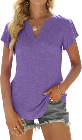 Womens Business Casual Tops Summer V Neck T Shirt Ruffle Short Sleeve Tunic Blouses for Women