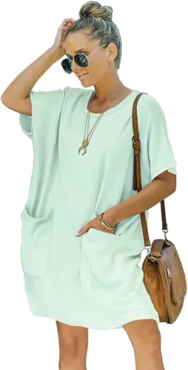 Womens Casual Summer T Shirt Dress Elastic Loose Short Sleeve Dress with Pocket for Women