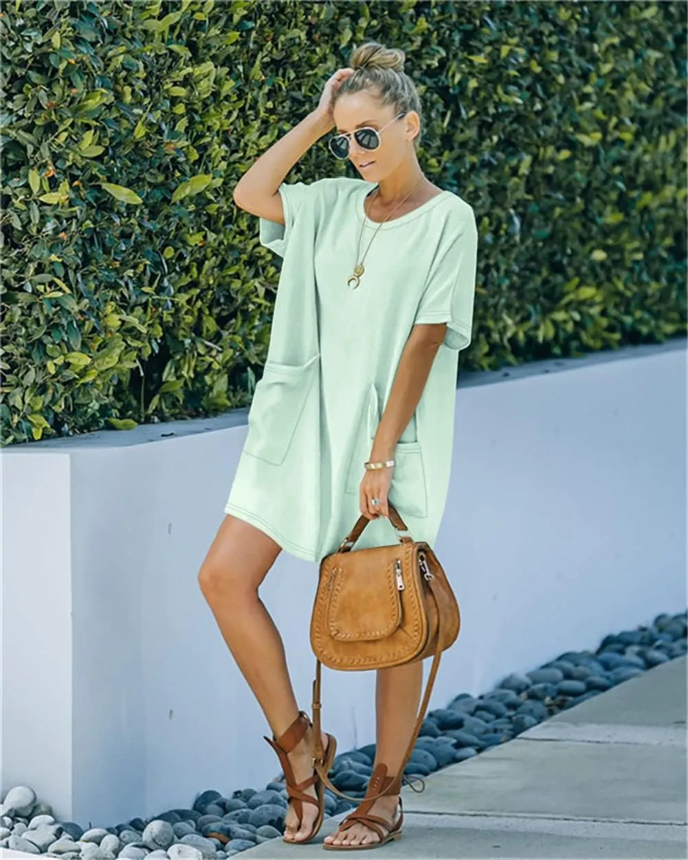 Womens Casual Summer T Shirt Dress Elastic Loose Short Sleeve Dress with Pocket for Women