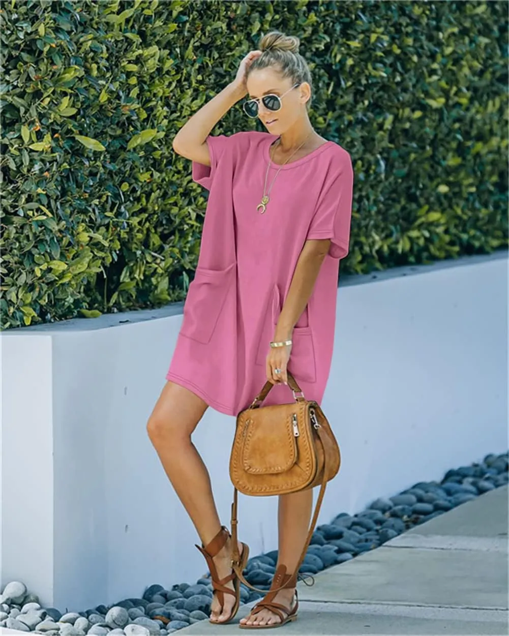 Womens Casual Summer T Shirt Dress Elastic Loose Short Sleeve Dress with Pocket for Women